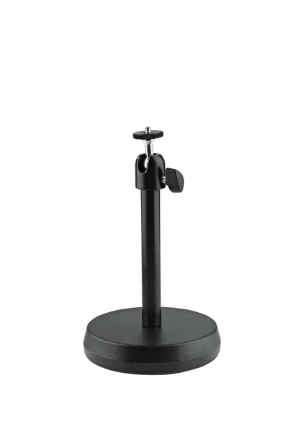 K&M desktop camera stand with black finish, adjustable mounting head and stable base