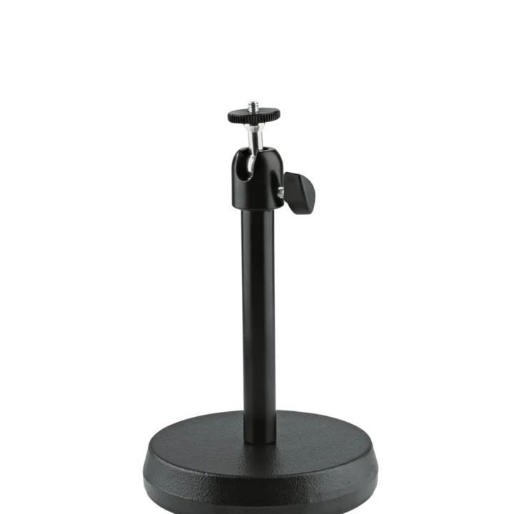 K&M desktop camera stand with black finish, adjustable mounting head and stable base