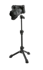 K&M desktop camera stand in black positioned on desk with professional camera mounted and positioned for streaming