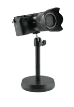 K&M desktop camera stand in black positioned on desk with professional camera mounted and ready for streaming