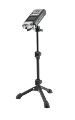 K&M desktop camera stand black rear panel showing mounting bracket and adjustment mechanisms