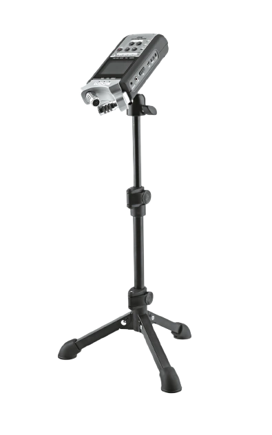 K&M desktop camera stand black rear panel showing mounting bracket and adjustment mechanisms