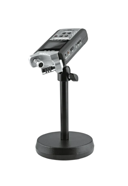 K&M desktop camera stand black rear panel showing mounting bracket and adjustment mechanisms