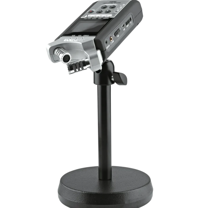 K&M desktop camera stand black rear panel showing mounting bracket and adjustment mechanisms