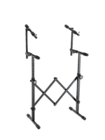 K&M equipment stand black finish showing detailed dimensional measurements and specifications