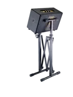 K&M equipment stand black finish showing detailed dimensional measurements and specifications