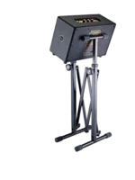K&M equipment stand black finish showing detailed dimensional measurements and specifications