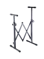 K&M equipment stand black finish showing detailed dimensional measurements and specifications
