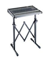 K&M equipment stand black finish showing detailed dimensional measurements and specifications