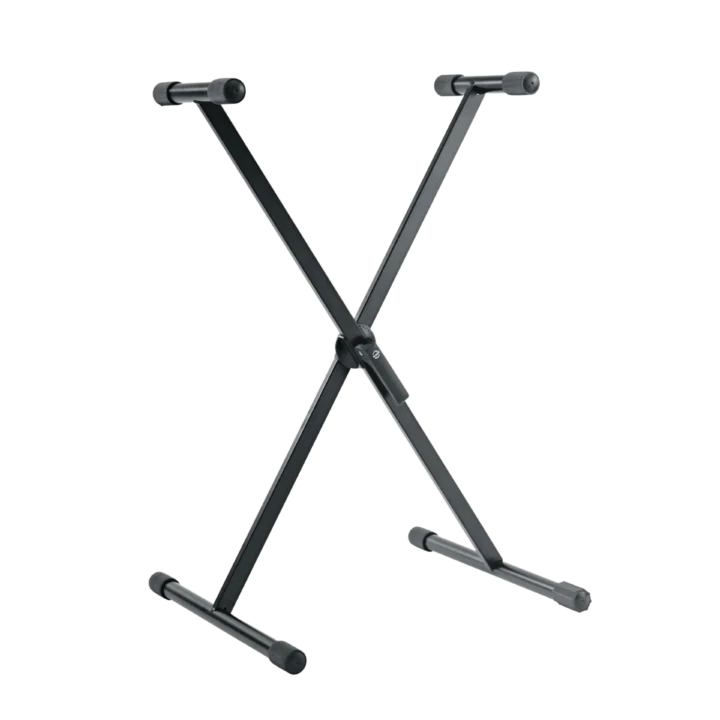 K&M black keyboard stand front view with adjustable height and sturdy base