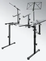 K&M laptop shelf keyboard stand black finish shown from side profile angle
