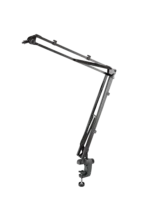 K&M microphone desk arm mounted on studio desk with microphone positioned for recording