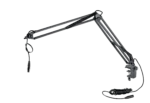 K&M black microphone desk arm with adjustable boom and clamp mount system
