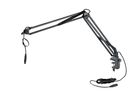 K&M black microphone desk arm with adjustable boom and clamp mount system