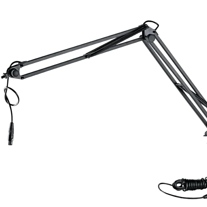 K&M black microphone desk arm with adjustable boom and clamp mount system