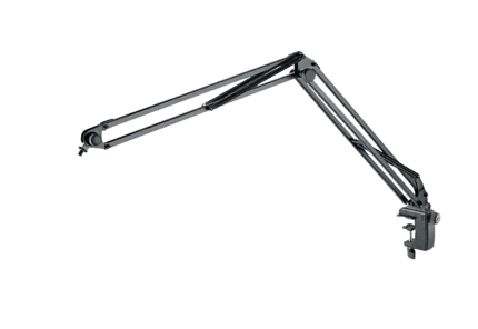 K&M microphone desk arm with black finish, adjustable boom and clamp mount