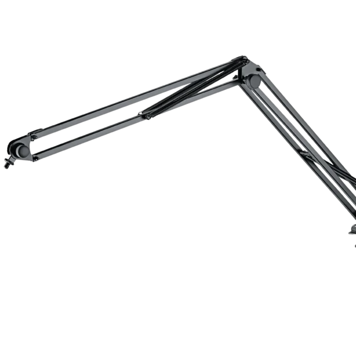 K&M microphone desk arm with black finish, adjustable boom and clamp mount