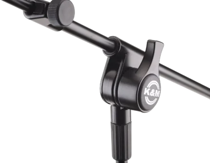 K&M black microphone stand in professional studio recording application with microphone mounted