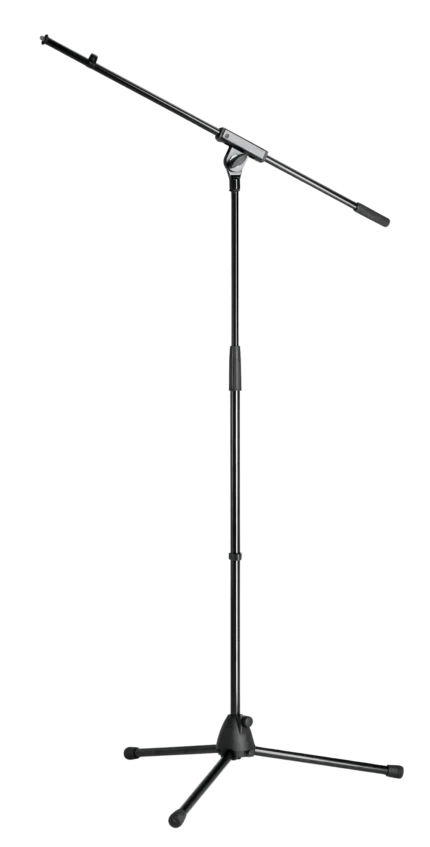 K&M black microphone stand with adjustable boom arm and weighted base