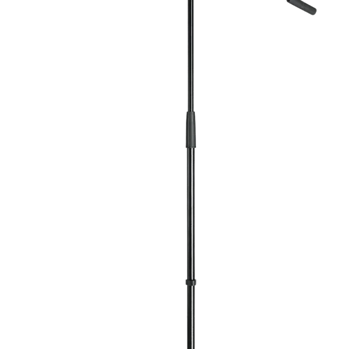 K&M black microphone stand with adjustable boom arm and weighted base