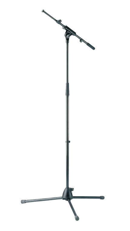 K&M black microphone stand with adjustable boom arm and weighted base