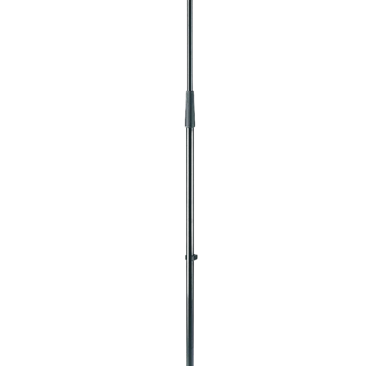 K&M black microphone stand with adjustable boom arm and weighted base