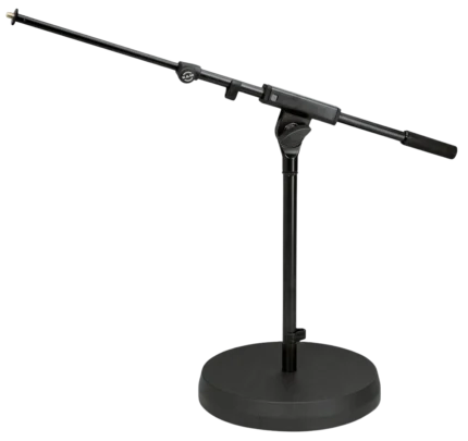 K&M black microphone stand with weighted base and adjustable boom arm
