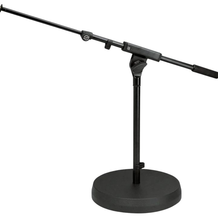 K&M black microphone stand with weighted base and adjustable boom arm