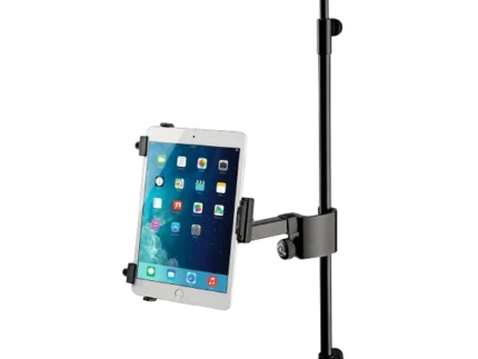 K&M Mini Universal Tablet Holder mounted on microphone stand with tablet device in landscape orientation