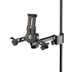 K&M Mini Universal Tablet Holder with black clamp mount, front view showing tablet grip mechanism