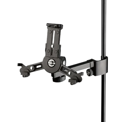 K&M Mini Universal Tablet Holder with black clamp mount, front view showing tablet grip mechanism