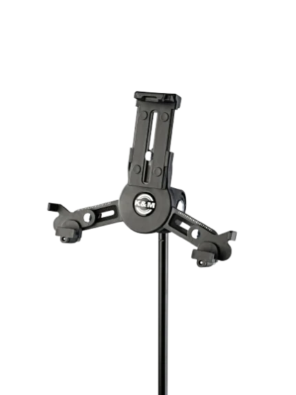 K&M Mini Universal Tablet Holder mounted on microphone stand with adjustable clamp