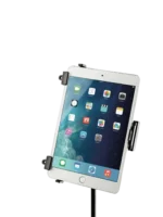 K&M Mini Universal Tablet Holder mounted on microphone stand, side profile view showing clamp mechanism