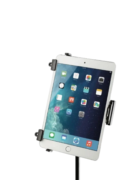 K&M Mini Universal Tablet Holder mounted on microphone stand, side profile view showing clamp mechanism