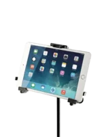 K&M Mini Universal Tablet Holder rear panel showing mounting bracket and adjustment mechanisms for microphone stands