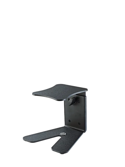 K&M monitor workstation stand structured black rear panel showing cable management and mounting hardware