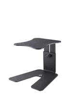 K&M monitor workstation stand with structured black finish, front view showing full assembly