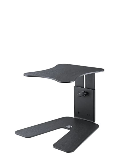 K&M monitor workstation stand with structured black finish, front view showing full assembly