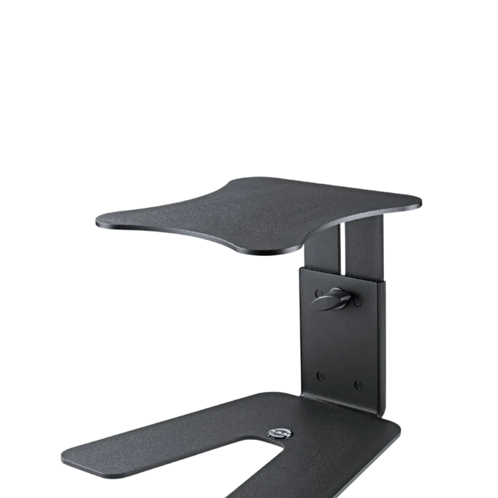 K&M monitor workstation stand with structured black finish, front view showing full assembly