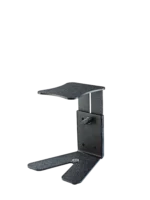 K&M monitor workstation stand with structured black finish, front view showing full assembly