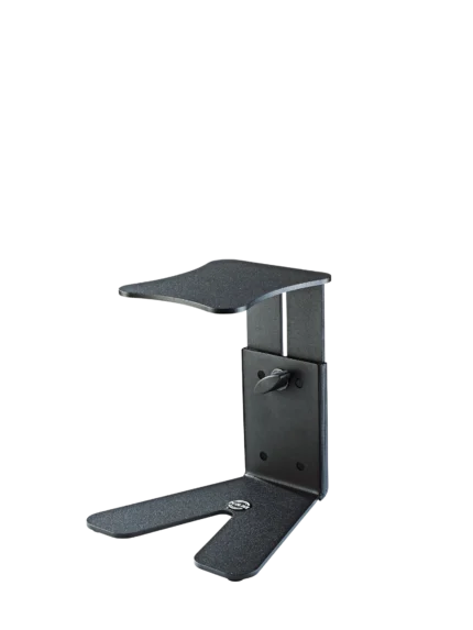 K&M monitor workstation stand with structured black finish, front view showing full assembly