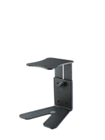 K&M monitor workstation stand with structured black finish, front view showing full assembly