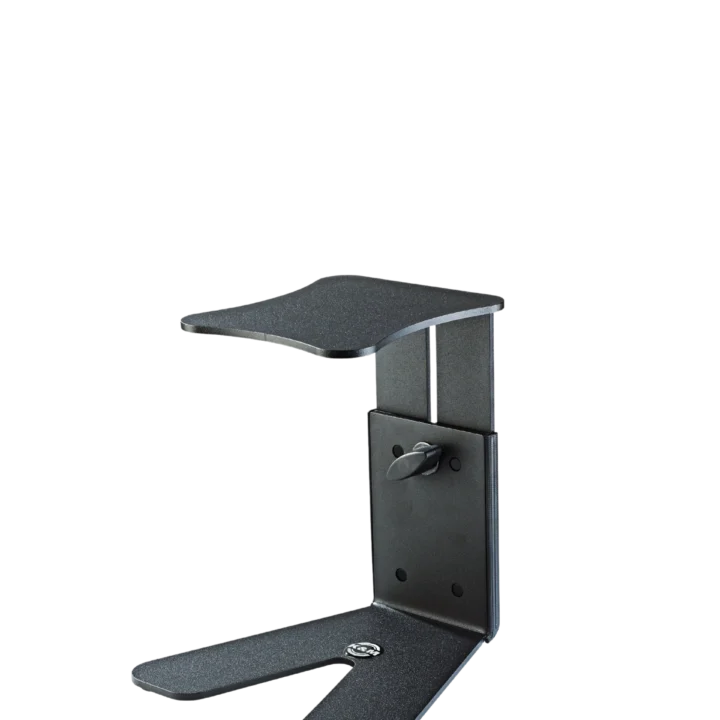 K&M monitor workstation stand with structured black finish, front view showing full assembly