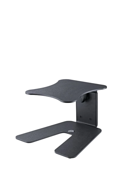 K&M monitor workstation stand structured black finish shown from side angle with adjustable height mechanism