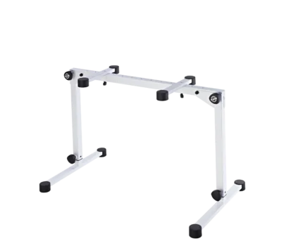 K&M Omega Pro keyboard stand pure white rear panel showing adjustment mechanisms and support structure