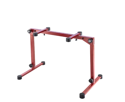K&M Omega Pro keyboard stand red finish rear panel showing adjustment mechanisms and support structure