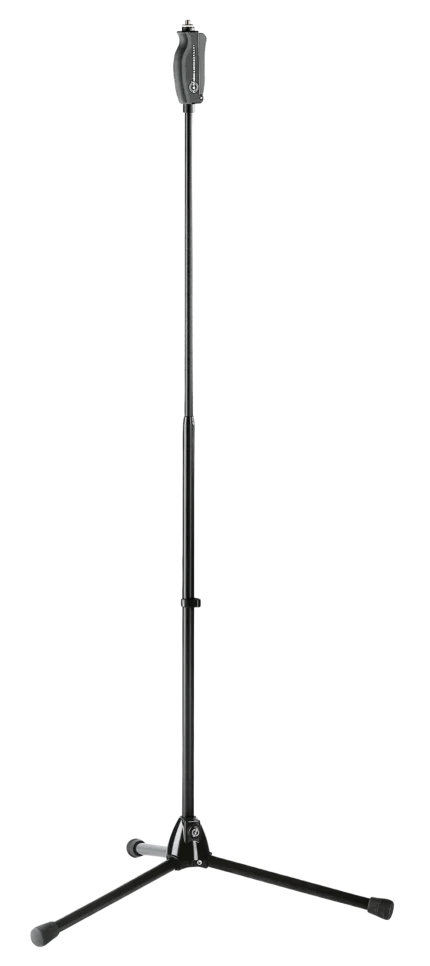 K&M one-hand microphone stand with black finish, compact design, front view