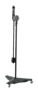 K&M overhead microphone stand black finish showing dimensions and specifications