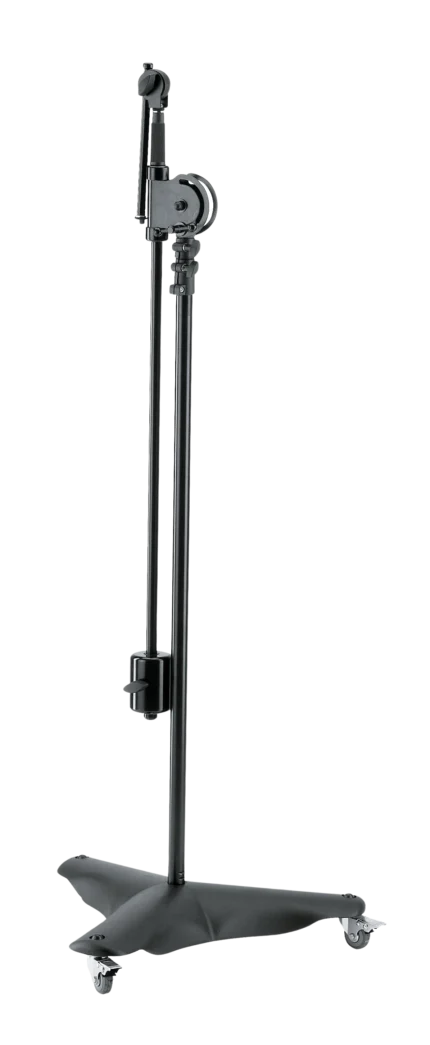 K&M overhead microphone stand black finish showing dimensions and specifications