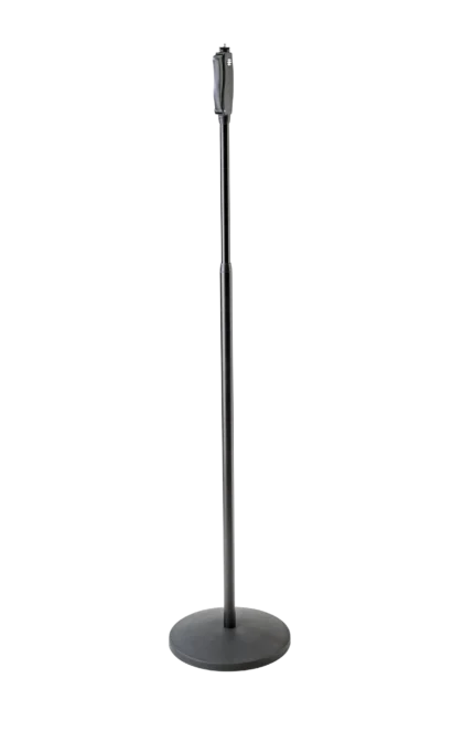 K&M Performer One Hand Adjustable microphone stand with black finish and telescoping boom arm